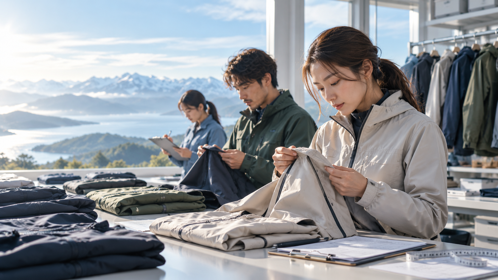 企業・イベント向けウェアの用途と仕様を確認するチーム