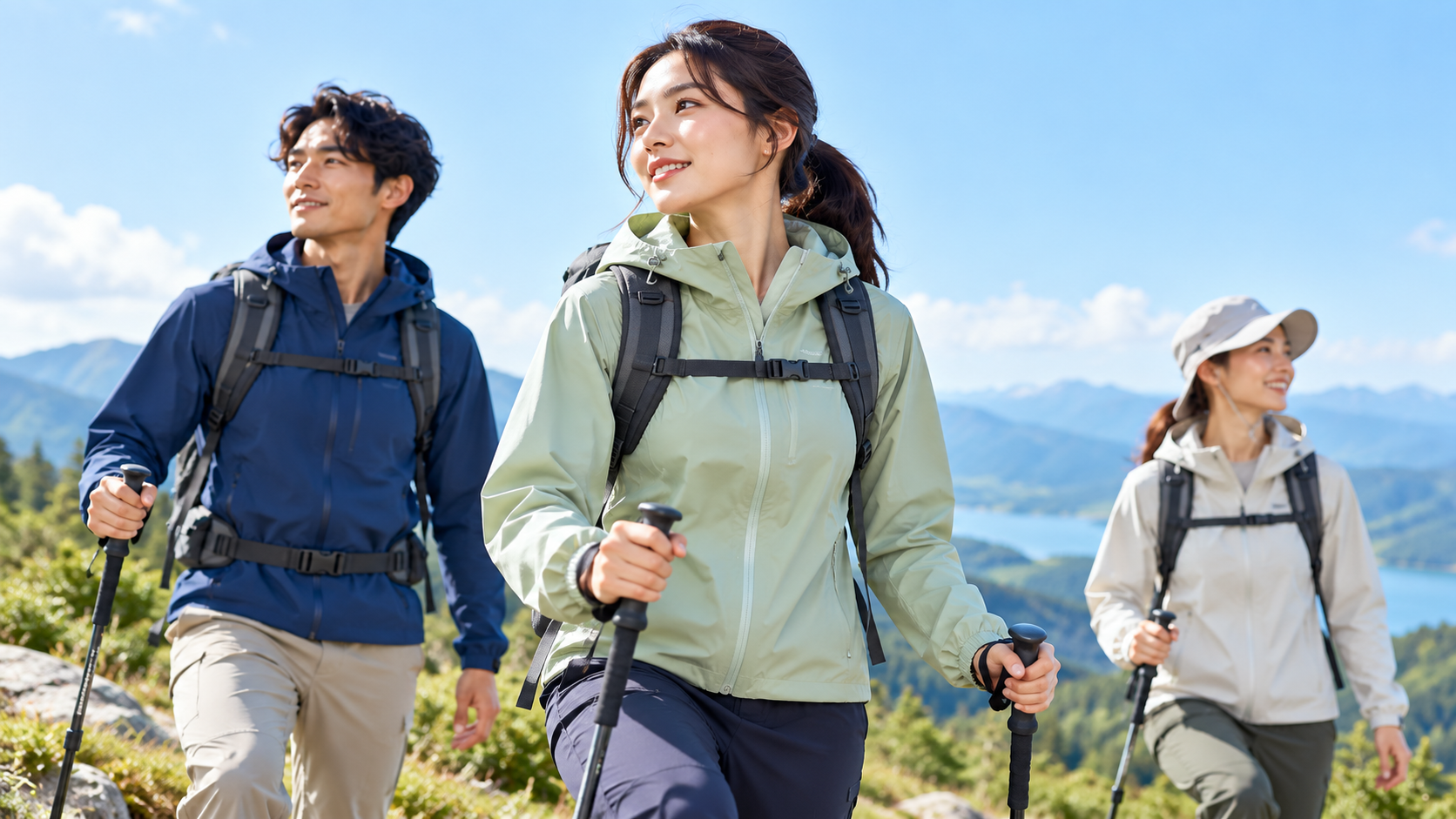 機能性アウトドアウェアを着用して山を歩く男女