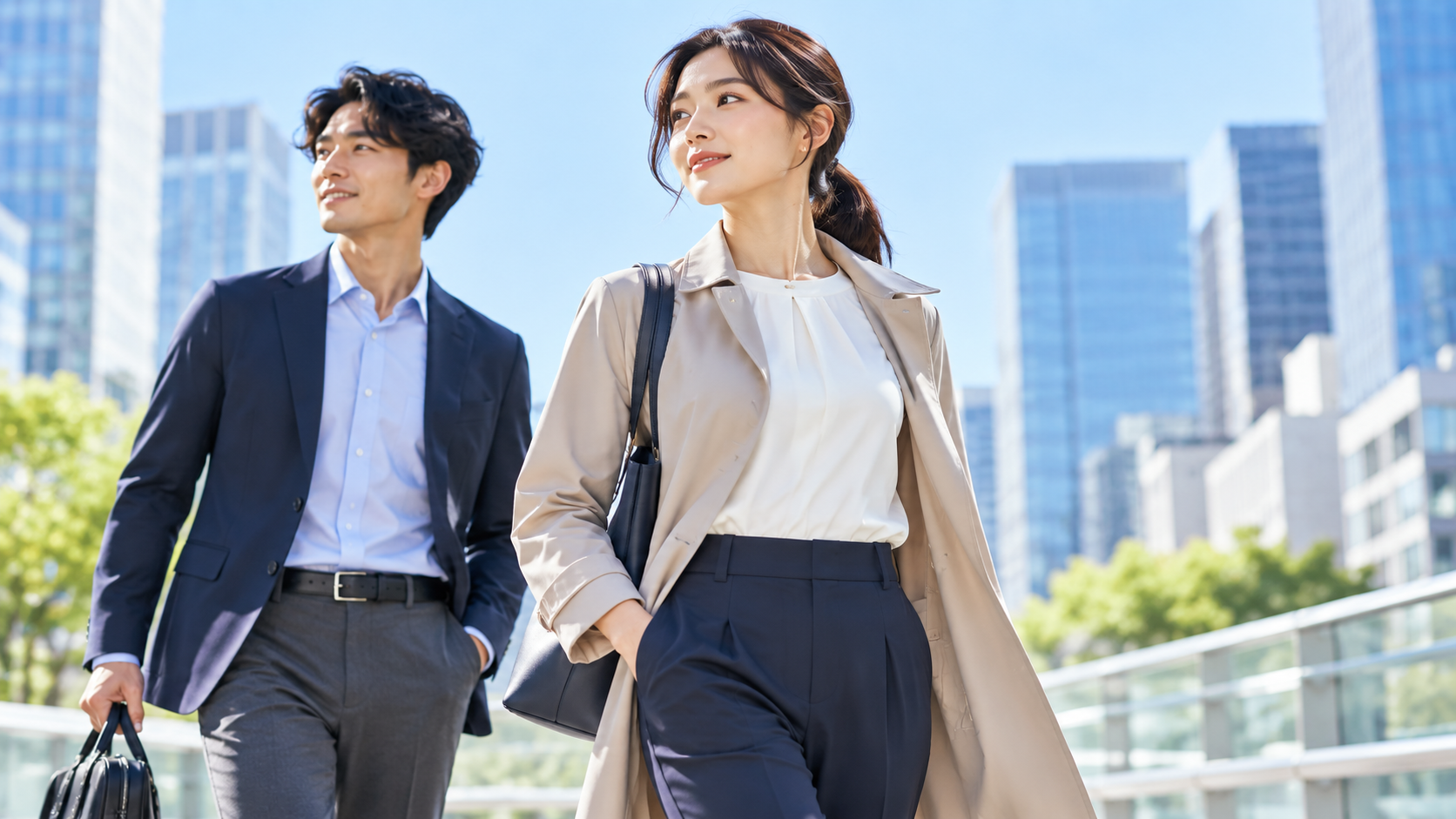 都市を歩くビジネス・コミューターウェアの男女