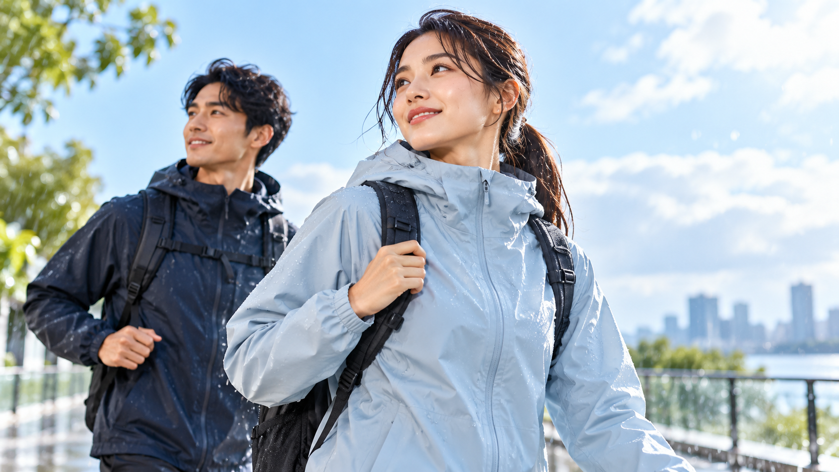 レインウェアを着用して雨上がりを歩く男女