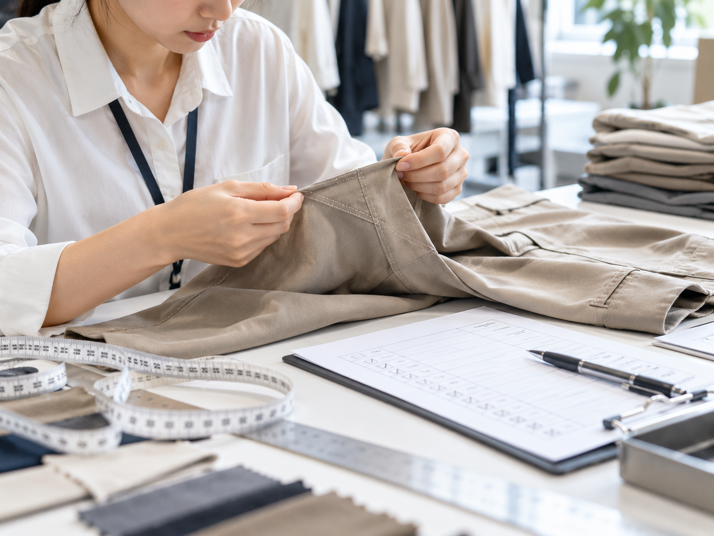 縫製、寸法、仕上がりを確認する品質検査