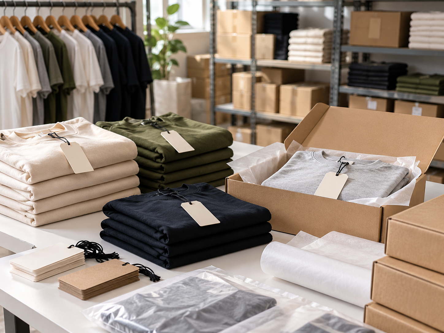 完成品のタグ付け、梱包、出荷準備