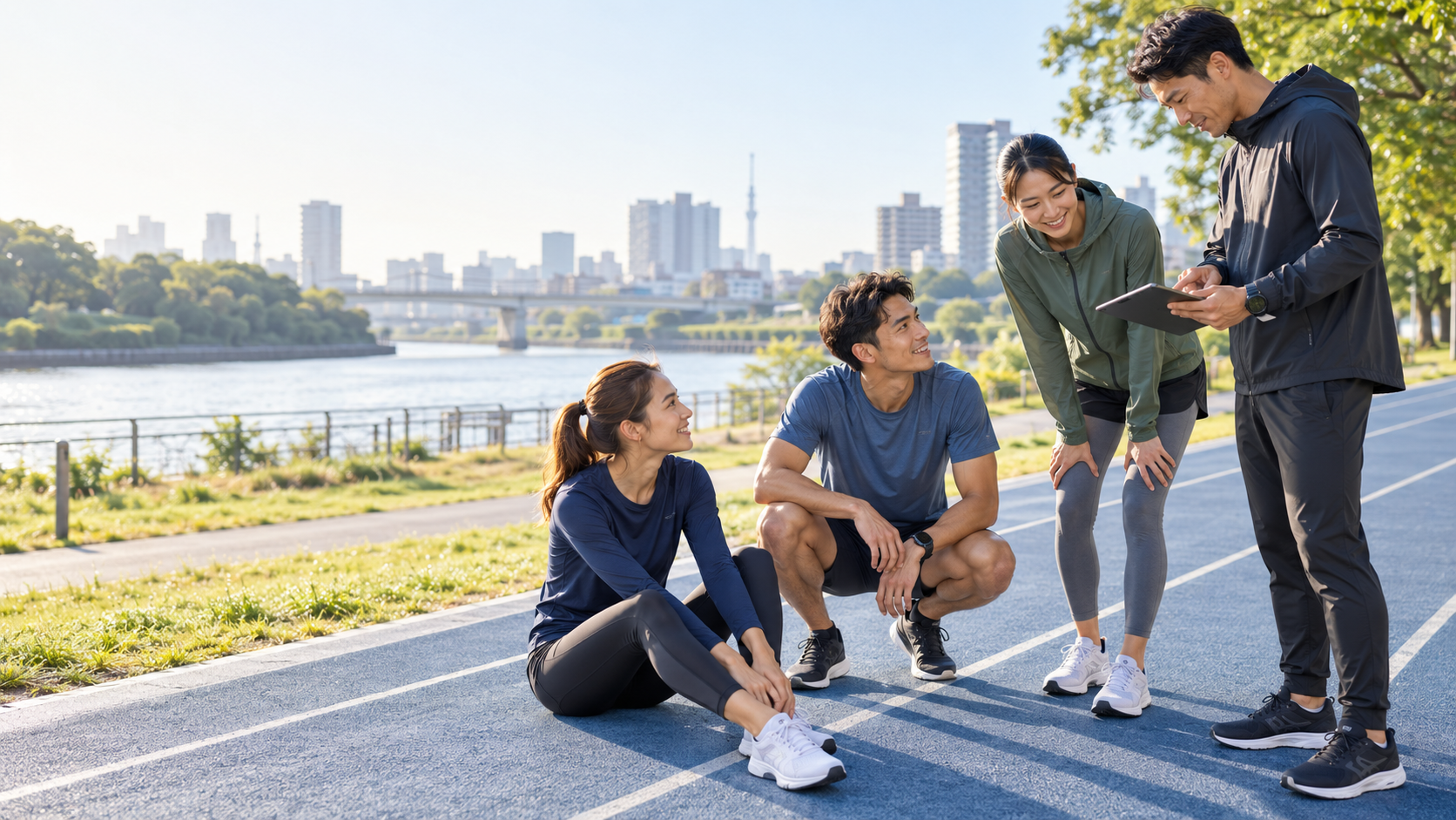 河畔のトラックでスポーツウェアの運用を確認するランナーとコーチ