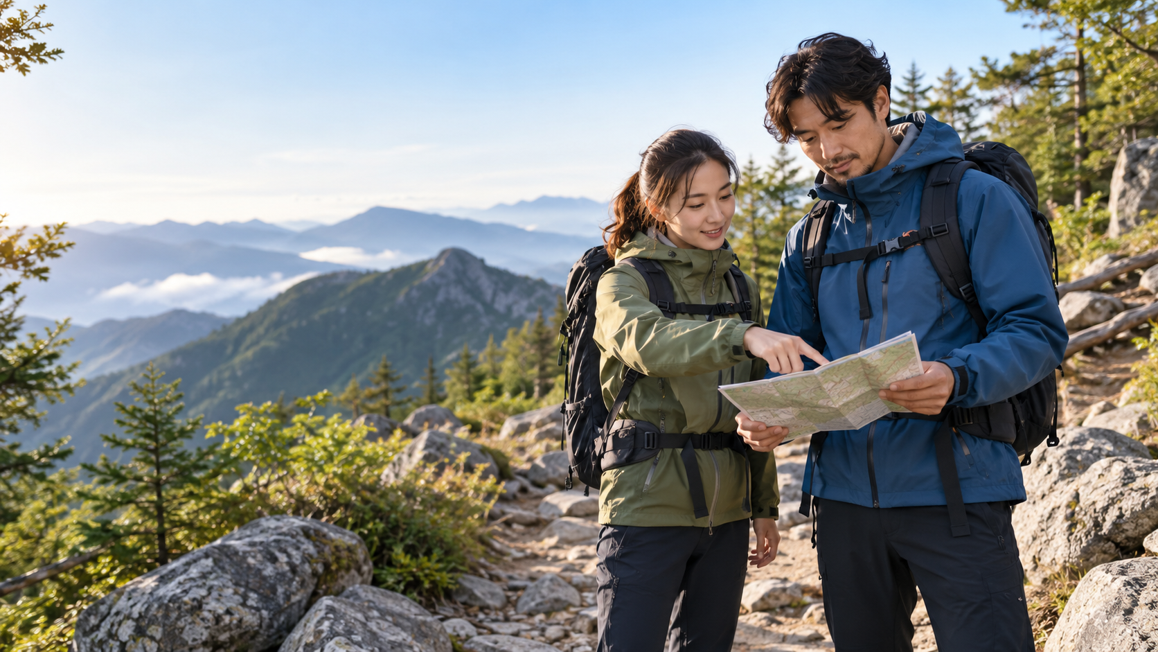日本人の登山者が山岳ルートを確認する使用場面