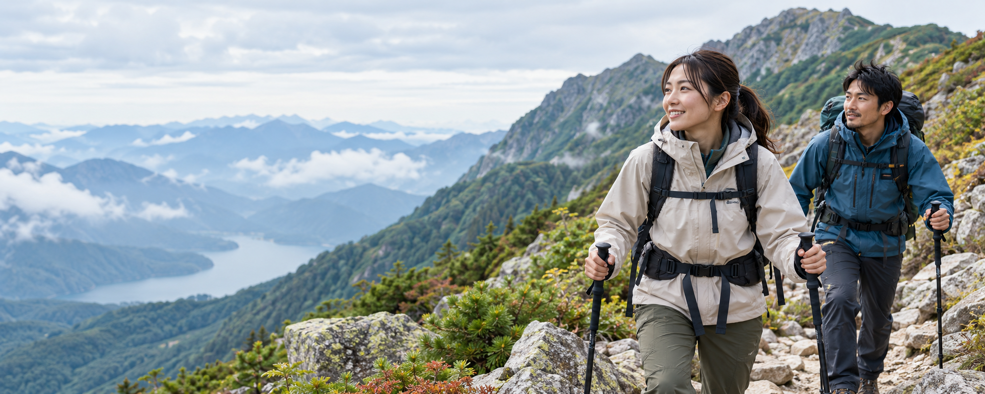 日本人登山者が山岳環境でアウトドアウェアを使用する場面