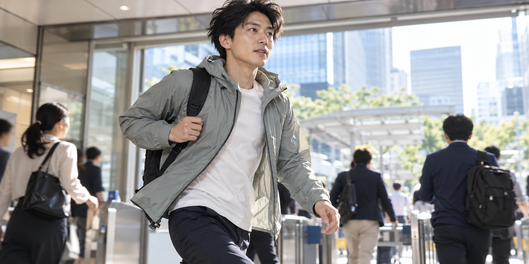 日本人の通勤者が超薄型防風ウェアを着て都市を移動する使用場面